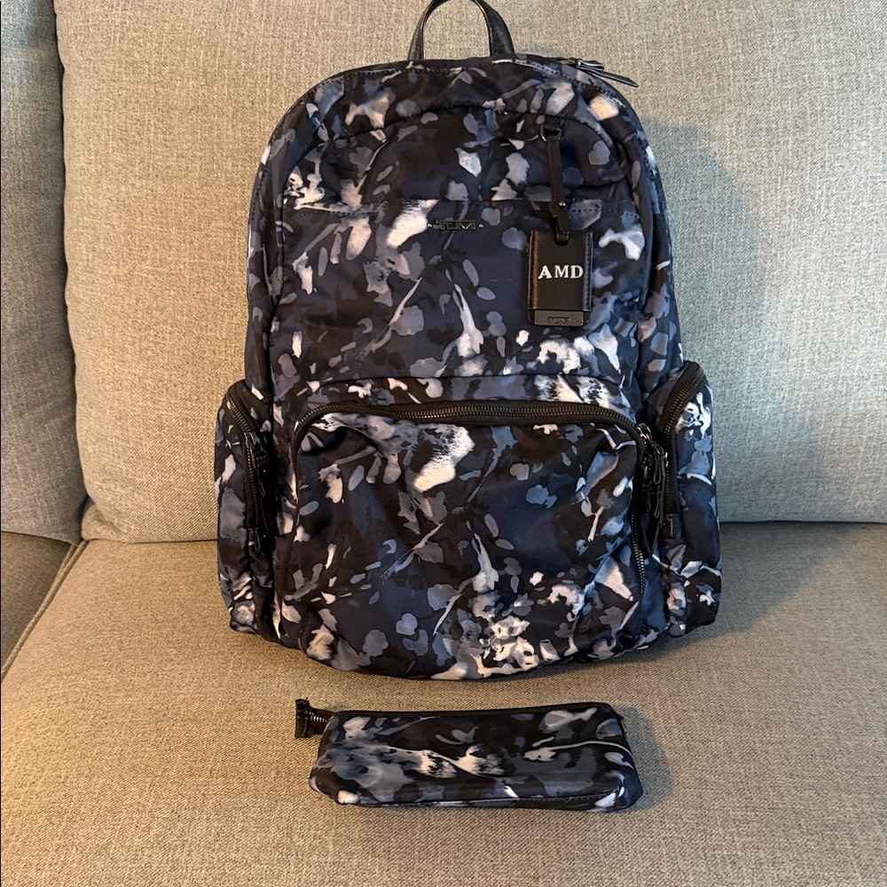 Tumi Voyager Floral Blue and Black Backpack with Pouch